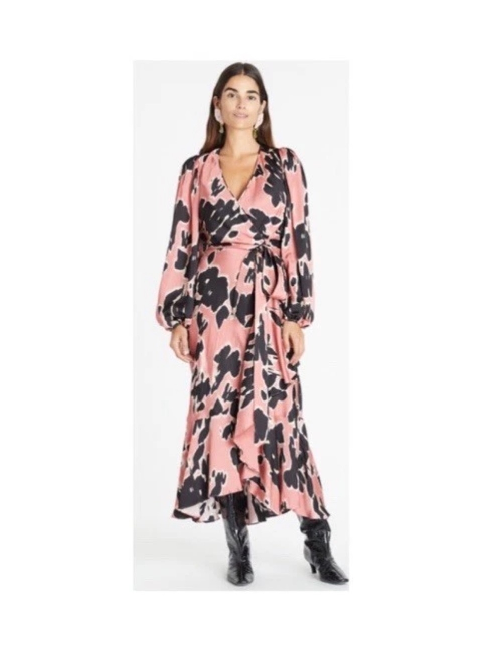 Tanya Taylor Pink and Black Floral Wrap Maxi Dress